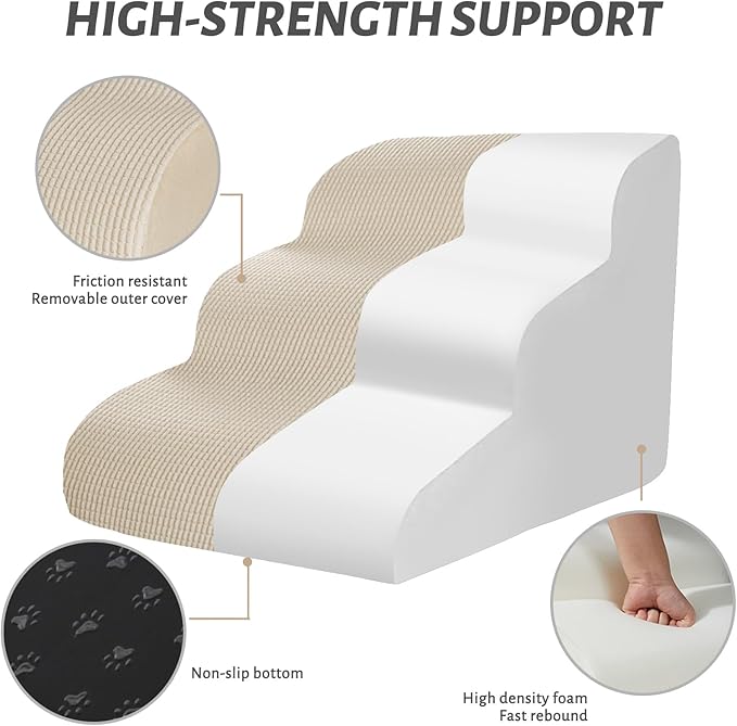 3-Step Dog Ramp and Stairs for Sofa and Chair - Non-Slip Sturdy Pet Steps for Small Dogs and Cats,15.7" H,Beige-PawvioPets