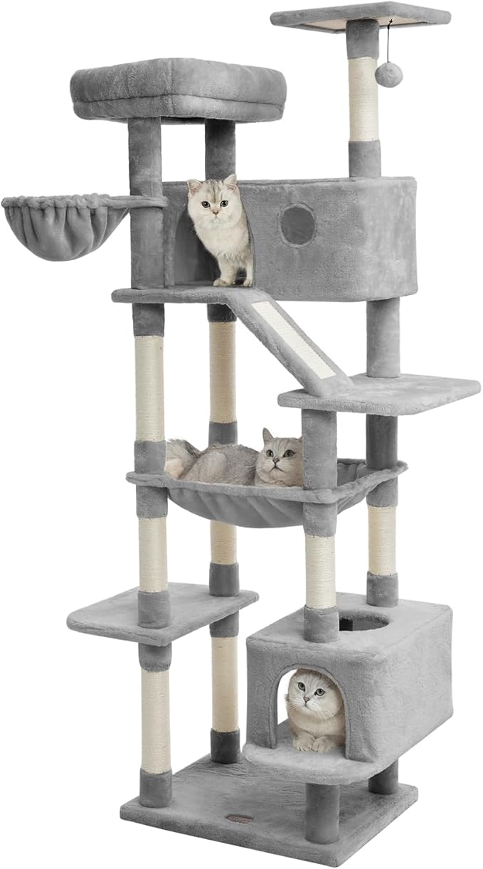 73 inches Large Cat Tree for Indoor Cats, Tall Cat Tower with Sisal Scratching Posts and Pads, Padded Plush Perch, Cozy Basket, Plush Condo for Large Cats (Grey)-PawvioPets