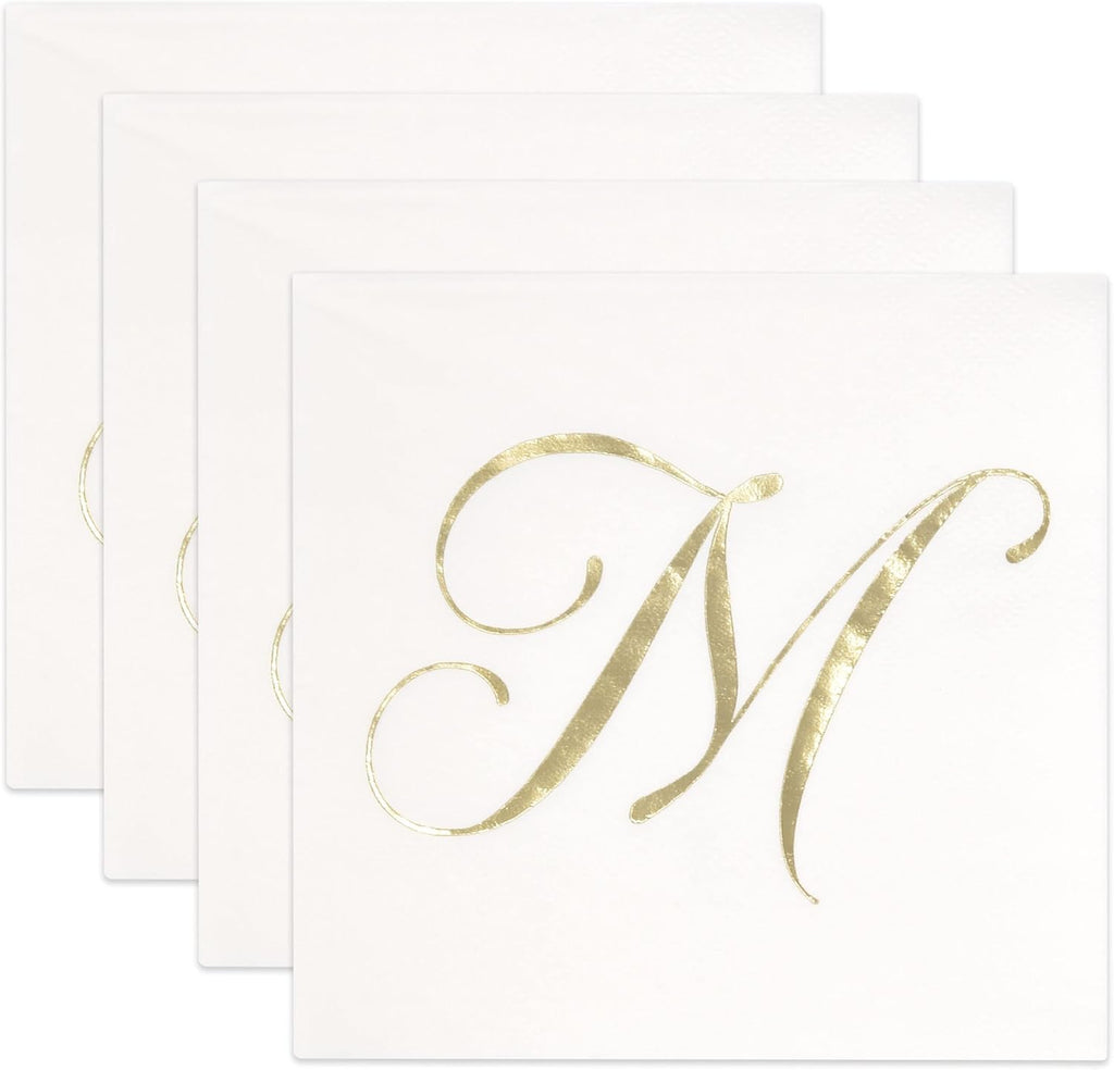 Gift Boutique 100 Gold Monogram Cocktail Napkins Letter M Disposable Paper Pack Elegant Metallic Golden Foil Hand Napkin for Powder Room Wedding Holiday Birthday Party Baby Shower Decorative Towels