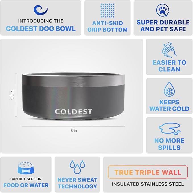 Coldest Dog Bowl - Anti Rust Metal, Non Slip, 3 Layers Insulated Stainless Steel Dog Bowls - Spill Proof & Heavy Duty - Water Bowl for Dogs, Cats & Pets, Dish Washer Safe (64 oz, Stardust Glitter)-PawvioPets
