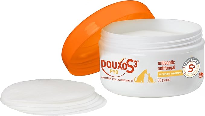 Douxo S3 Pyo Pads, Contains 3% Chlorhexidine & 0.5% Ophytrium, Antiseptic & Hydrating, For Bacterial or Yeast Skin Infections, For Dogs and Cats, 30 Pads-PawvioPets