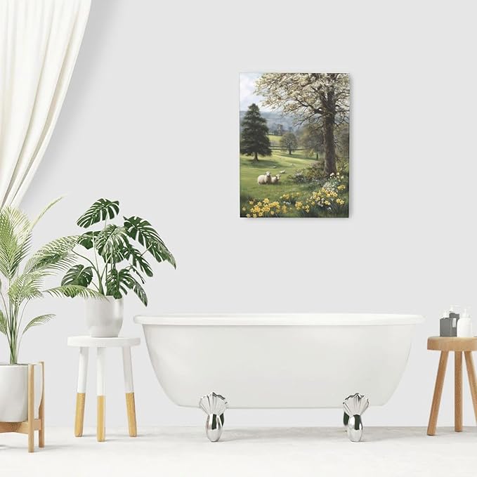 Country Sheep Canvas Wall Decor Farmhouse Rustic Lamb Wildflower Wall Art Nature Countryside Landscape Pictures Painting Print Framed Artwork Decorations for Bathroom Living Room Bedroom 12"x16"-PawvioPets