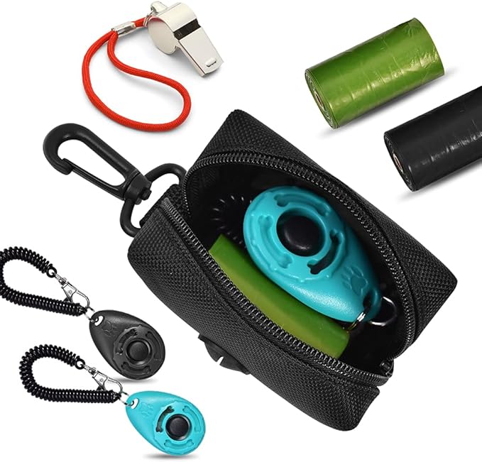 Dog Waste Bag Dispenser Pet Poop Bags Holder for Doggie Waste Bags Dispensers Soft Fabric Zipper Small Doggy Puppy Pouch for Leash Accessory Attachment with Carrier,2PCS Blue&Black-PawvioPets