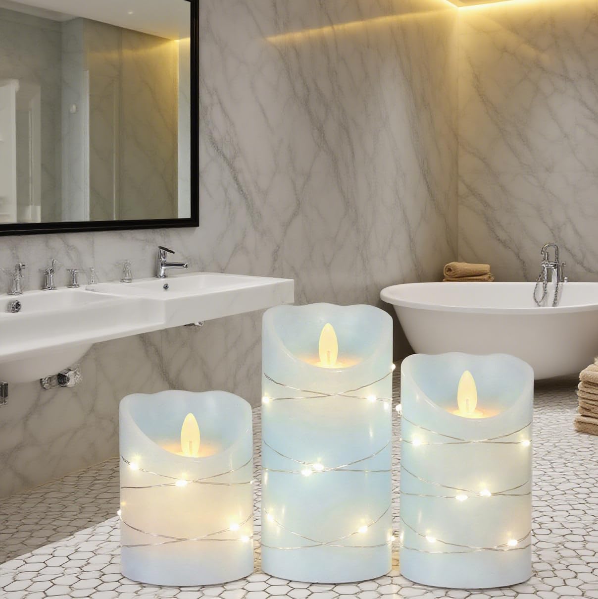 Silverstro Nautical Flameless Candles with String Lights Flickering Blue Battery Operated Candles with Remote Control & Timer - Home Farmhouse Holiday Ocean Decor - Set of 3