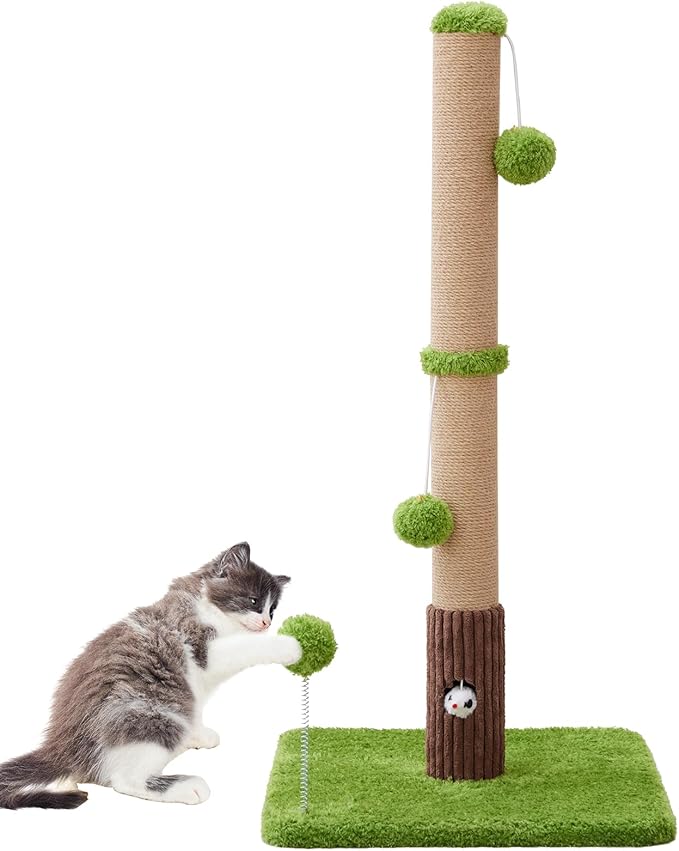 33" Tall Cat Scratching Post for Indoor Cats, Premium Sisal Scratch Posts with Cat Toys and Fun Mouse Holer for Cats at All Ages, Scratcher Tree with Reinforced Stable Base (Green)-PawvioPets