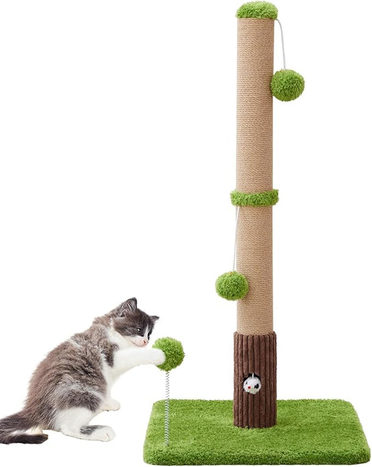 33" Tall Cat Scratching Post for Indoor Cats, Premium Sisal Scratch Posts with Cat Toys and Fun Mouse Holer for Cats at All Ages, Scratcher Tree with Reinforced Stable Base (Green)-PawvioPets
