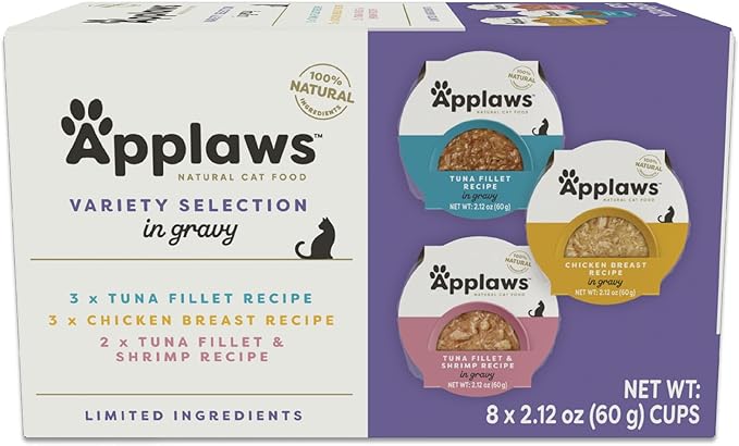 Applaws Natural Wet Cat Food, Limited Ingredient, Grain-Free, Protein with No Artificial Additives, Variety Pack in Gravy (8X 2.12 oz Easy-Open Cups)-PawvioPets