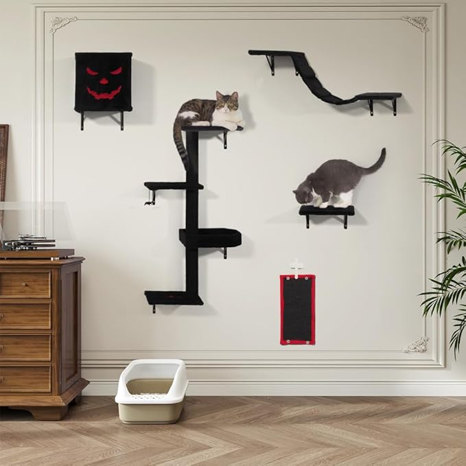 COZIWOW Wall-Mounted Cat Tree | Space-Saving Feline Furniture with Multiple Levels | Durable Scratch Post for Indoor Cats, Black&Red-PawvioPets