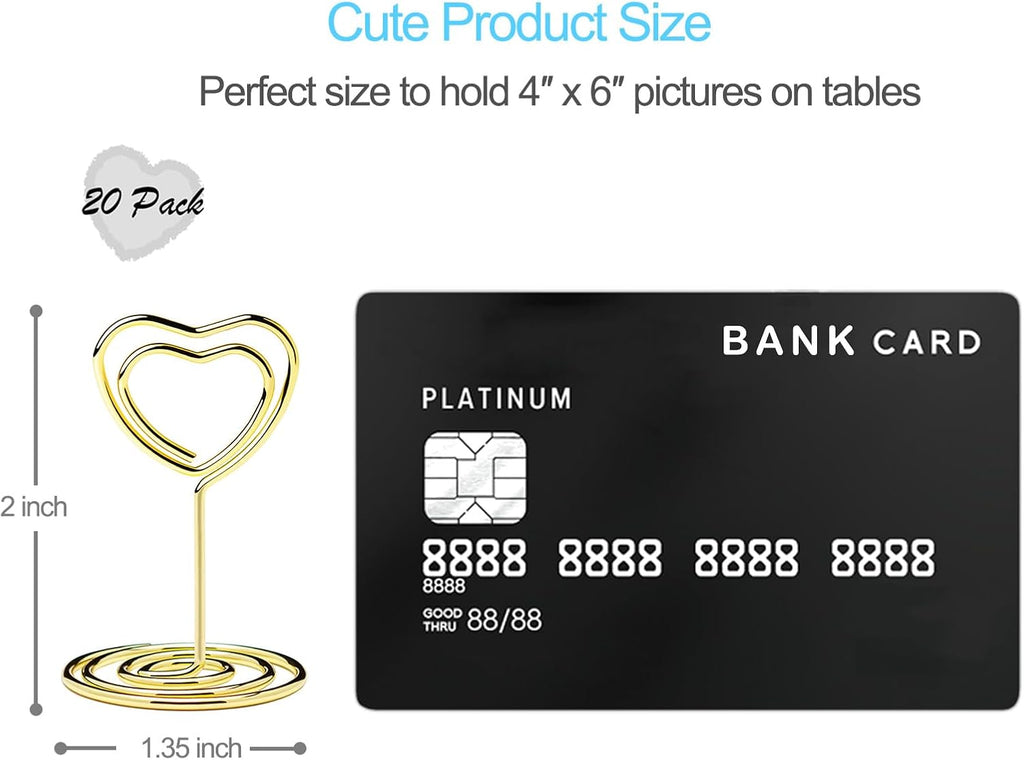 20PCS Mini Table Number Holders, Heart Shaped Place Card Holder, Premium Photo Holders for Tables, Table Sign Holders Card Stands Menu Memo Clips for Wedding Valentine's Day Table Decor, Gold