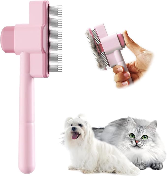 Cat Comb Pet Comb Self Cleaning Upgraded Cat Brush for Long Haired Cats & Dogs, Pink-PawvioPets