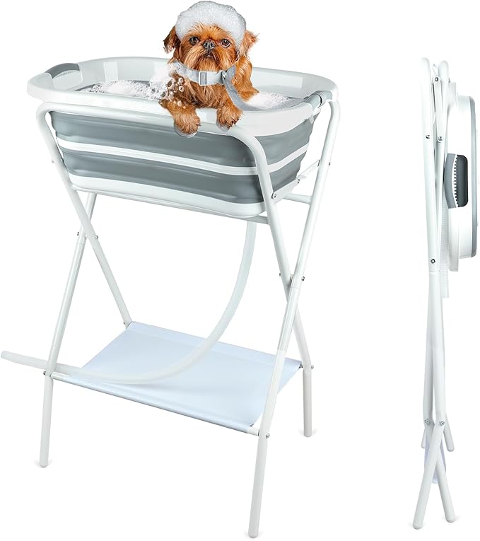 FHTONGE Elevated Dog Bathtub Grooming Station with Drain Adjustable Collar, 2 in 1 Collapsible Dogs Beautify Bathtub Portable Pet Washing Station, Pet Tub for Small Medium Dog Cat Shower Hairdressing-PawvioPets