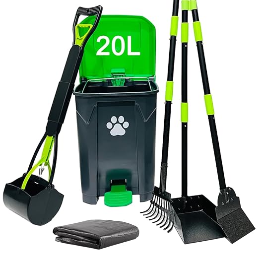 20L/5Gallon Dog Poop Trash Can Outside with Pooper Scooper & 50 Waste Bags- Outdoor Dog Poop Trash Can with Lid, Foot Pedal and Removable Inner Bin Waterproof and Odor Control-PawvioPets