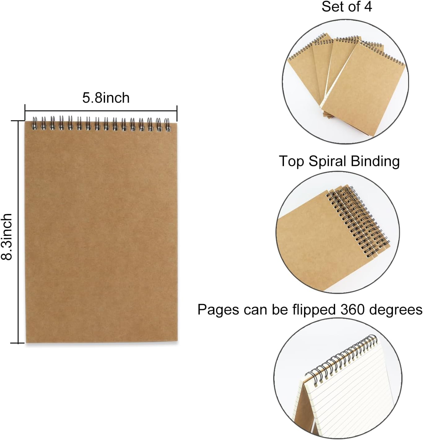4 Pcs Top Bound Spiral Notebook,8.3 inch x 5.8 inch,60 Sheet,7mm College Ruled Paper,A5 Spiral Note Pads Memo Lined Notebook Journal for School and Office Supplies (Kraft)
