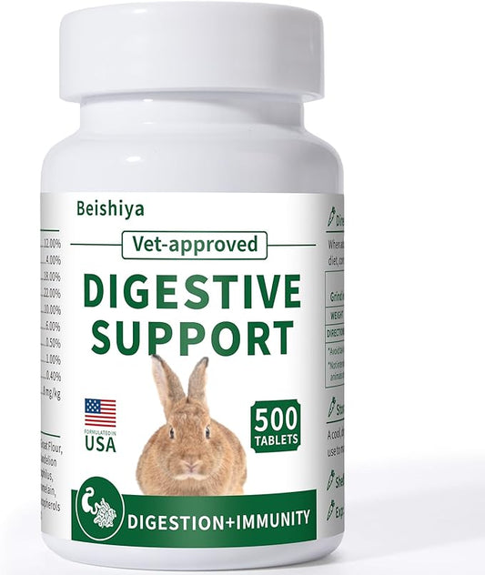 500 Tablets, Digestive Support Rabbit, Support GI Stasis, Bloat, Constipation, and Diarrhea, Strengthens Immune System, Premium Formula with High Fiber, Vitamins and Probiotics, Non-GMO-PawvioPets