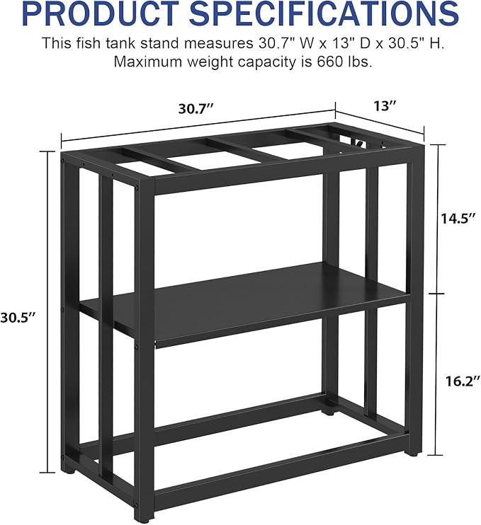 30.7" W x 13" Inch for 20-29 Gallon Long Fish Tank Stand With Storage Shelf, Aquarium Stand With Hooks,Heavy Duty Metal Turtle Reptile Tank Stand, Easy Assemble-PawvioPets