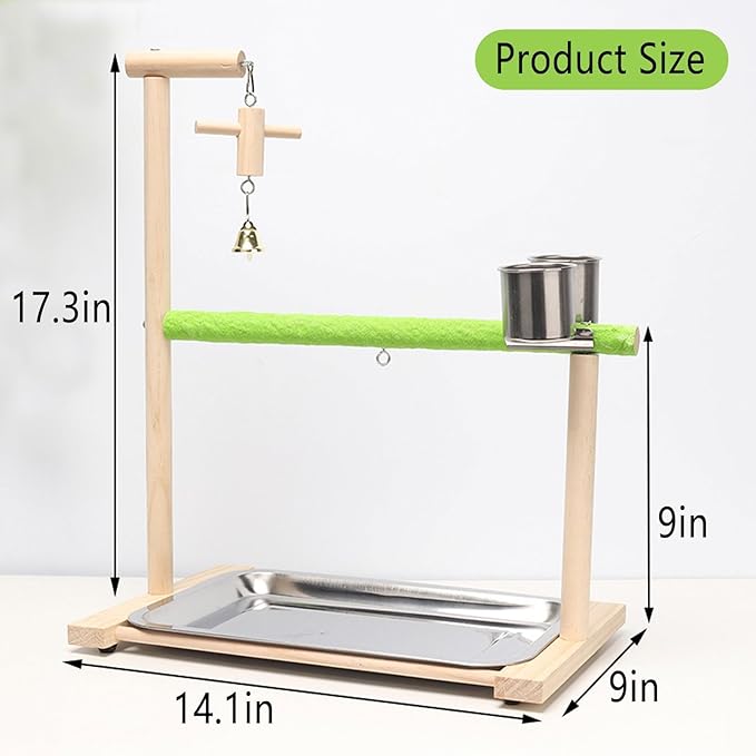 Bird Palyground, Parrot Playstand Natural Wood, Bird Perch Stand Gym with Feeder Cups and Removable Tray, Bird Cage Accessories for Parakeets Cockatiels Lovebirds-PawvioPets