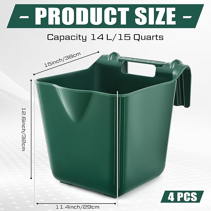 4 Pack 15 Quart Horse Feeders for Stall Hook Over Hanging Fence Hay Feeder Mountable Livestock Plastic Feed Bucket for Farm Stalls Pasture, Stable to Feed Horses Sheep Cattle Cows Etc(Green)-PawvioPets