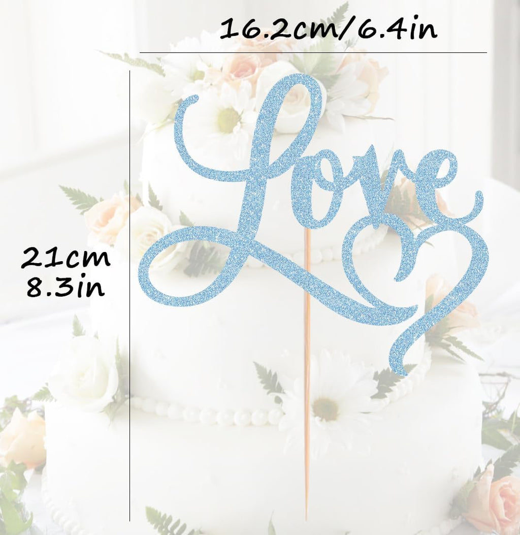Love Cake Topper - Light Blue Glitter Paper Wedding Cake Decoration Supplies, Perfect for Bridal Shower/Engagement/Anniversary/Birthday Party