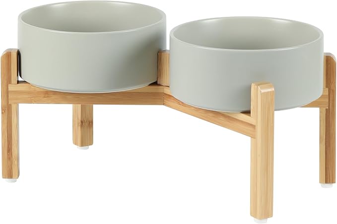 Ceramic Raised Double Bowls Set with Stand, Food & Water Bowls for Medium Breed Dogs, Weighted Dog Dishes, Pet Bowl(7.3'',41OZ, Grey)-PawvioPets