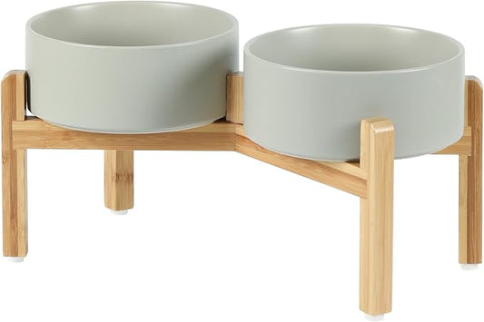 Ceramic Raised Double Bowls Set with Stand, Food & Water Bowls for Medium Breed Dogs, Weighted Dog Dishes, Pet Bowl(7.3'',41OZ, Grey)-PawvioPets