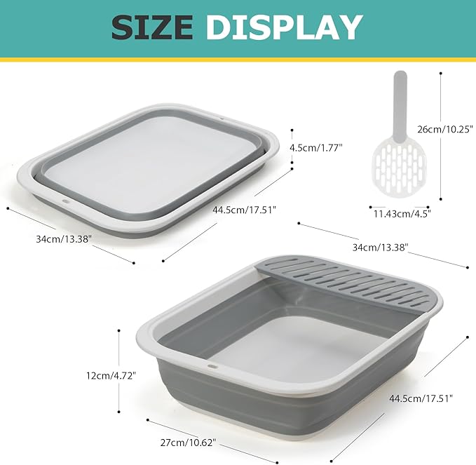 Foldable Cat Litter Box, Large Height-Adjustable Anti-Splash Open Air Kitty Litter Pan, Easy Clean with Scoop (Gray)-PawvioPets