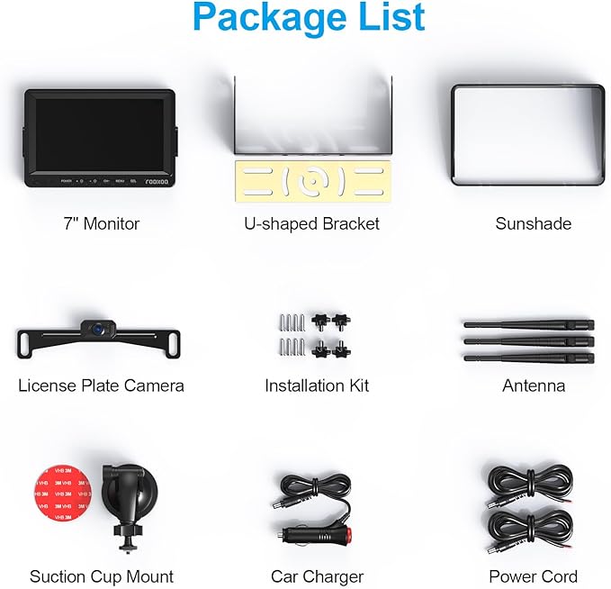 Fookoo HD 1080P 7-inch Wireless Backup Camera, 7" Split Screen Monitor + Rear View Licence Plate Camera, DIY Guide Lines Wide Angle IP69 Waterproof Easy to Install for Car Pickup Van SUV - DW7CT-PawvioPets