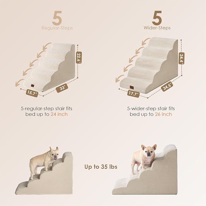 EHEYCIGA Curved Dog Stairs Ramp for High Beds, 5-Step Extra Wide Dog Steps for Small Dogs and Cats, Pet Stairs for High Bed Climbing, Non-Slip Balanced Pet Step Indoor, Beige-PawvioPets