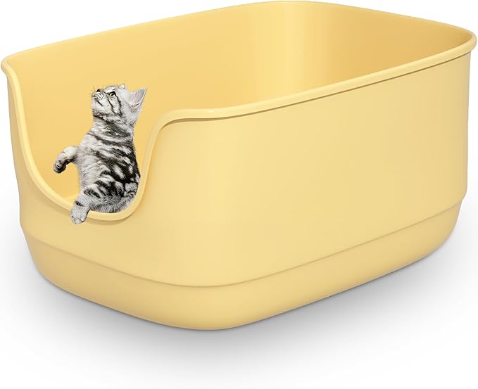 Gefryco Large Cat Litter Box with High Sided 24.6"x18.3"x12.2" - Jumbo Extra Large Open Anti - Splashing High Wall for Multiple Cats (Yellow)-PawvioPets