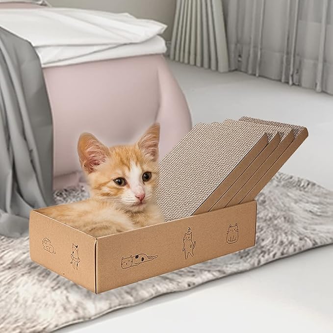4 Packs in 1 Cat Scratch Pad with Box, Cat Scratcher Cardboard,Reversible,Durable Recyclable Cardboard, Suitable for Cats to Rest, Grind Claws and Play with Scratch Box-PawvioPets
