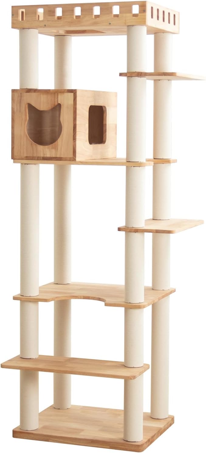 74" Wooden Cat Tree Tower for Large Cats, Multi-Level Cat Climbing Furniture with Scratching Posts, Cat Condo & Hammock, Natural Wood Cat Activity Center (White)-PawvioPets