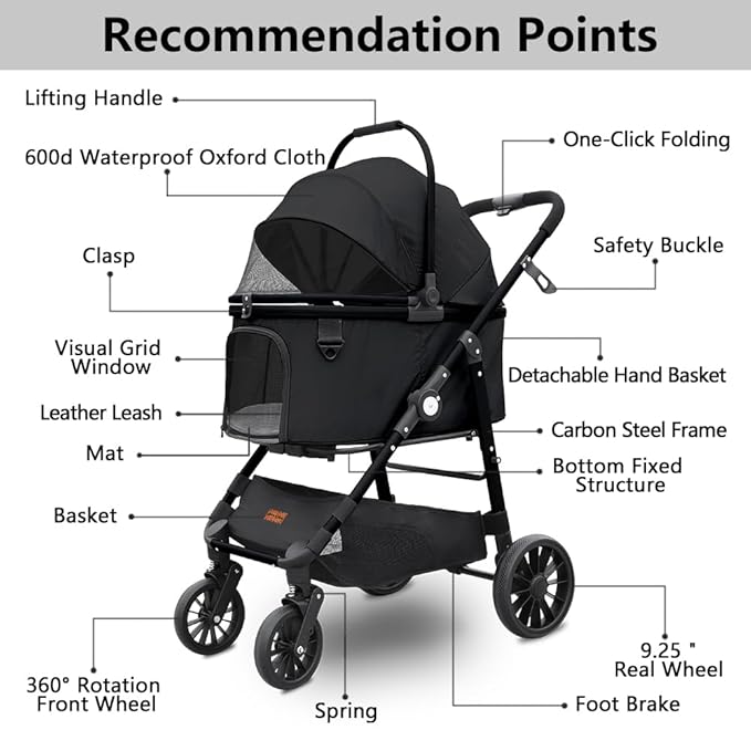 Dog Cat Stroller, Foldable 4 Wheels Dog Stroller for Small Medium Dogs 20 lbs,Pet Strollers for Large Dogs 50lbs, Stable Anti-Shock Detachble Carrier,with 360°Swiveling Front Wheel forTravel-PawvioPets
