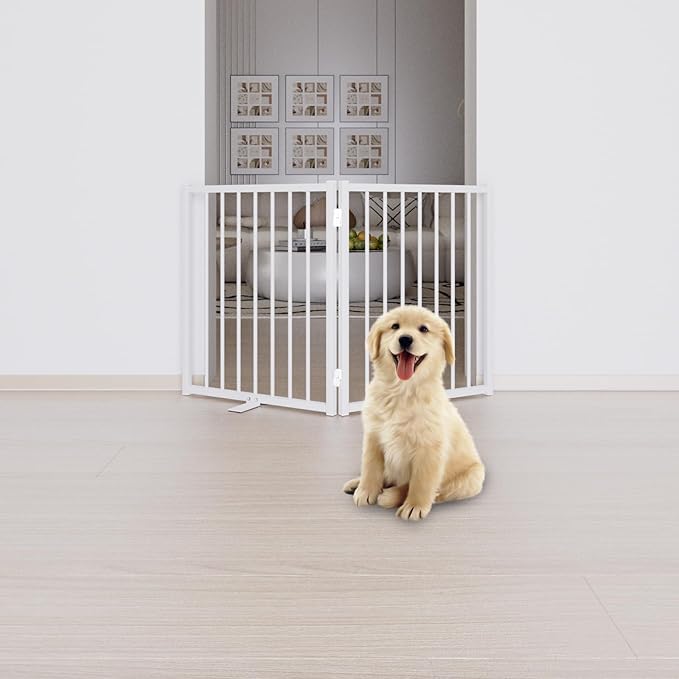 Full Metal Freestanding Dog Gate with Door, 24'' Height Foldable Pet Dog Fence for Indoor & Outdoor, 2 Panels Extra Wide Free Standing Small Dog Gates for Doorways,House,Stairs,Porch,Deck,Yard-PawvioPets