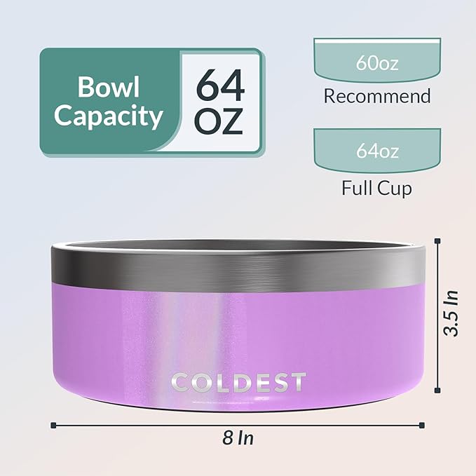Coldest Dog Bowl - Anti Rust Metal, Non Slip, 3 Layers Insulated Stainless Steel Dog Bowls - Spill Proof & Heavy Duty - Water Bowl for Dogs, Cats, Dish Washer Safe (64 oz, Saturns Purple Glitter)-PawvioPets