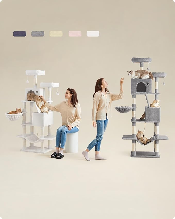 Feandrea Cat Tree, 81.1-Inch Large Cat Tower with 13 Scratching Posts, 2 Perches, 2 Caves, Basket, Hammock, Pompoms, Multi-Level Plush Cat Condo for Indoor Cats, Cream White UPCT190T01-PawvioPets