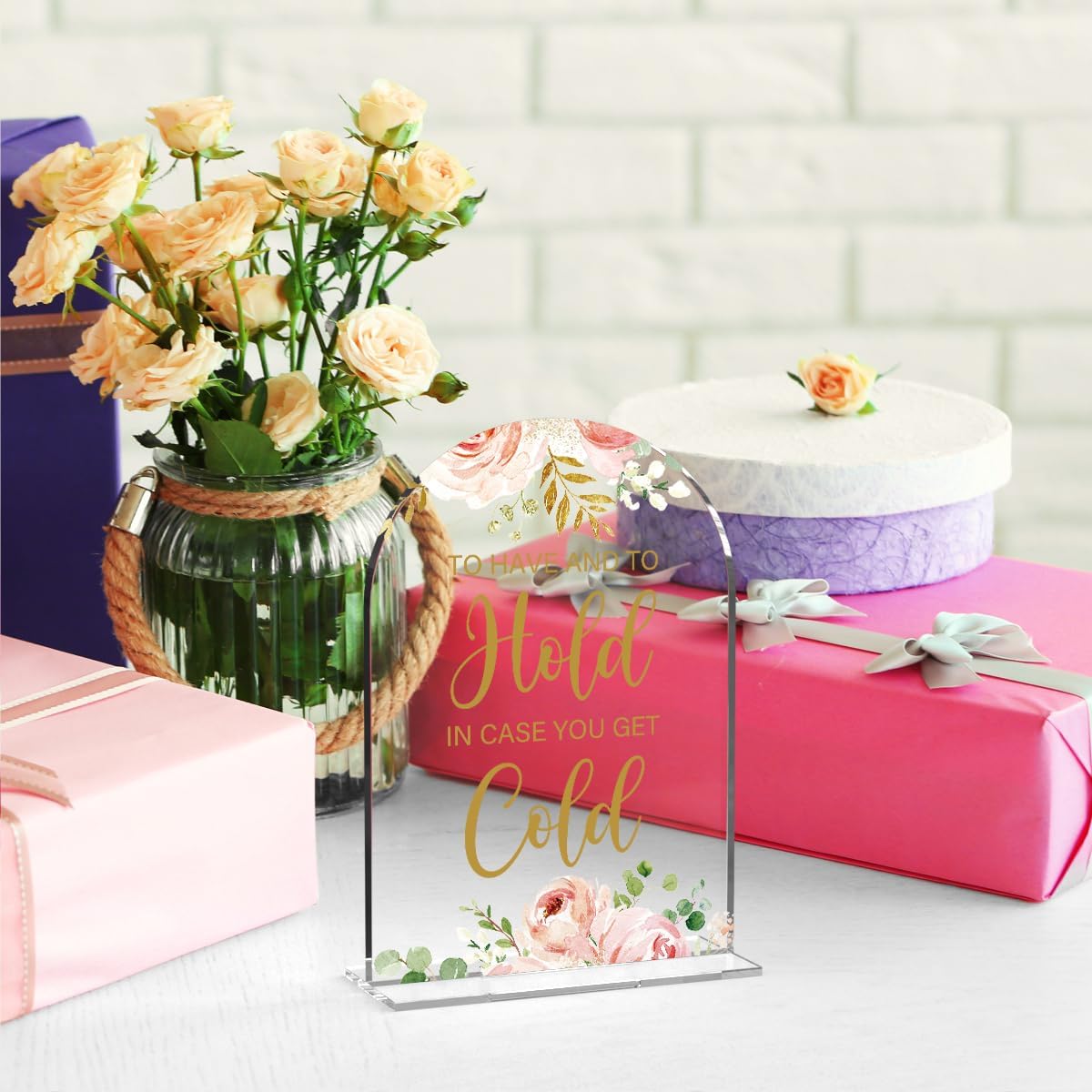 Acrylic Wedding Signs, Bridal Shower Decorations, Modern Calligraphy Arch Acrylic Table Top Sign for Wedding Reception and Engagement Parties - To Have And To Hold (Clear Pink Flowers)