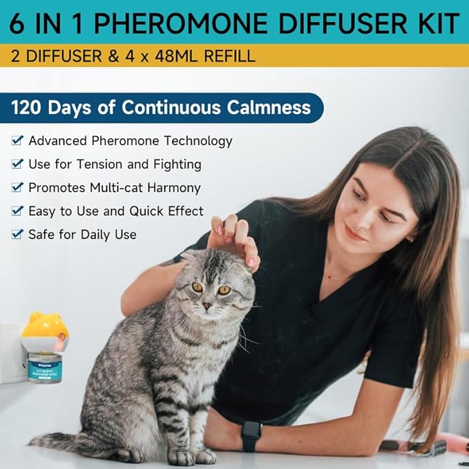 Cat Calming Diffuser - Cat Pheromones Calming Diffuser for Cat Anxiety Relief 6-in-1 Cat Pheromone Diffuser Kit with 2 Diffuser + 4 Refill 48ml Vial - 120 Days Pheromone Diffuser to Calm Cats-PawvioPets