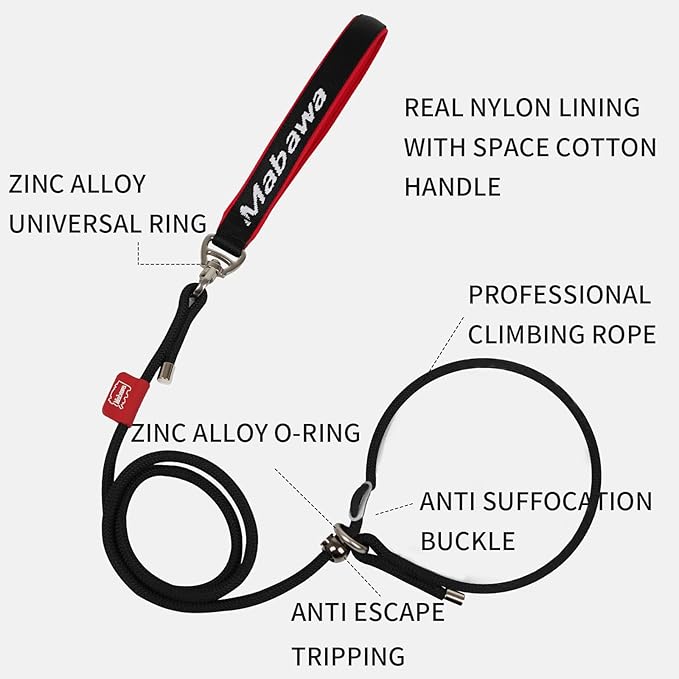 Dog Anti-Slip Leash 5FT with Metal Stopper - Durable No-Pull Training Lead for Small, Medium & Large Dogs - Comfortable Handle Nylon Rope, Tangle-Free Pet Walking Leash (Black, 5 FT)-PawvioPets