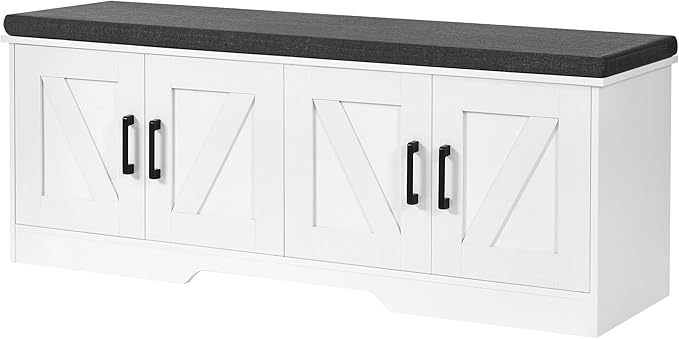 2-Tier Storage Bench, Shoe Bench with Padded Seat Cushion, Entryway Bench with 4 Barn Doors, Adjustable Shelf, 13.8" D x 47.2" W x 17.7" H, for Entryway, Living Room, Bedroom, White-PawvioPets