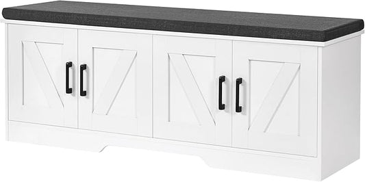 2-Tier Storage Bench, Shoe Bench with Padded Seat Cushion, Entryway Bench with 4 Barn Doors, Adjustable Shelf, 13.8" D x 47.2" W x 17.7" H, for Entryway, Living Room, Bedroom, White-PawvioPets