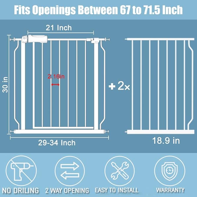 Extra Wide Large Baby Gate 67-71.5 Inch Automatic Close Pet Dog Gates for Stairs Doorways Pressure Mount Child Safety Gate for Walk Through Kids or Pets-PawvioPets
