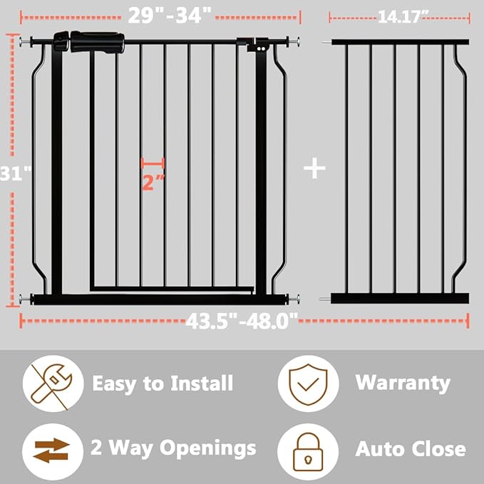Fairy Baby Walk Through Baby Gate 43.5-48 Inch Wide, Pressure Mounted Safety Gate with Door No Drill, Black Tension Metal Gate for Dog and Toddler-PawvioPets