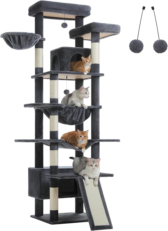 81" Heavy Duty Cat Tree for Large Cats up to 20lbs - Extra Tall Cat Tower with Metal Frame Hammock, 6 Sisal Scratching Posts, 2 Perches - Indoor Cat Furniture for Maine Coon, Dark Gray-PawvioPets