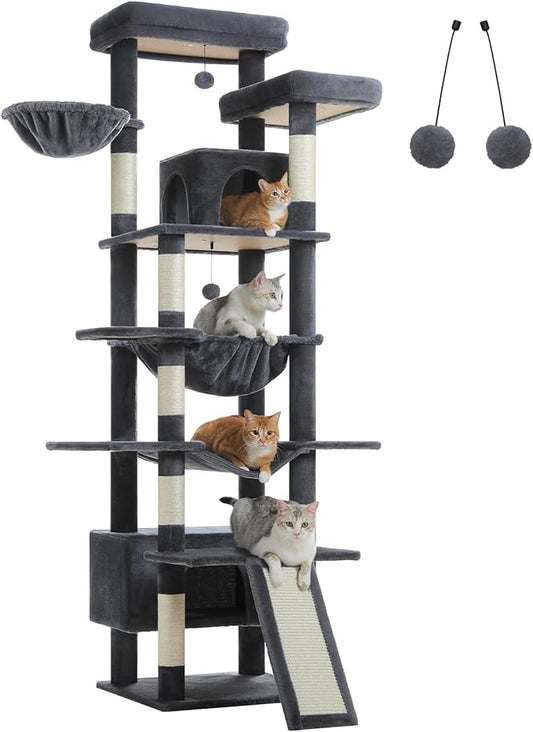 81" Heavy Duty Cat Tree for Large Cats up to 20lbs - Extra Tall Cat Tower with Metal Frame Hammock, 6 Sisal Scratching Posts, 2 Perches - Indoor Cat Furniture for Maine Coon, Dark Gray-PawvioPets