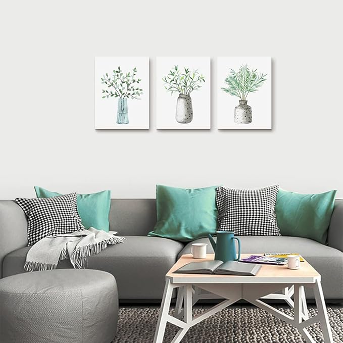 AHUASJART Canvas Wall Art - Paintings for Kitchen, Dining Room, Family Wall Decor - Green Leaf Vase, 3 Piece-PawvioPets