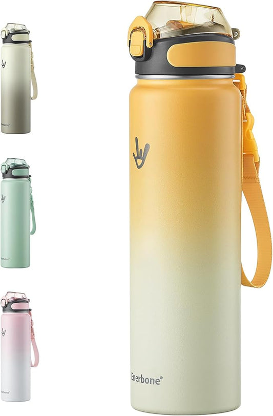 Enerbone 32 oz Insulated Water Bottle, Stainless Steel Bottle with Carrying Strap, Double-Wall Vacuum Insulation Design, Leakproof Sports Bottle with Straw, Keep Drinks Cold or Hot for Hours-PawvioPets