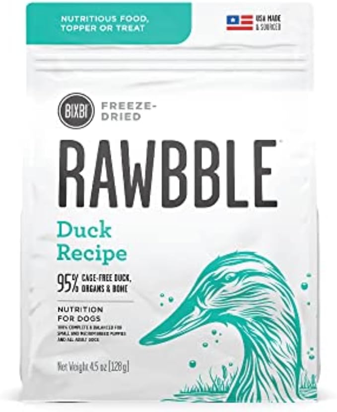 BIXBI Rawbble Freeze Dried Dog Food, Duck Recipe, 4.5 oz - 95% Meat and Organs, No Fillers - Pantry-Friendly Raw Dog Food for Meal, Treat or Food Topper - USA Made in Small Batches-PawvioPets