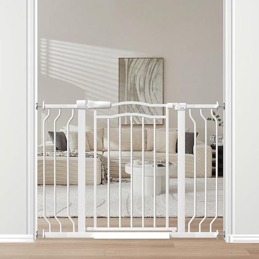 29.9-43.7 in Wide Baby Gate for Stairs Doorways, Auto Close Child Safety Gates Indoor for Dogs Pets, Pressure Mounted Metal Barrier Kids Toddler Door Walk Through, 30" Tall, White-PawvioPets