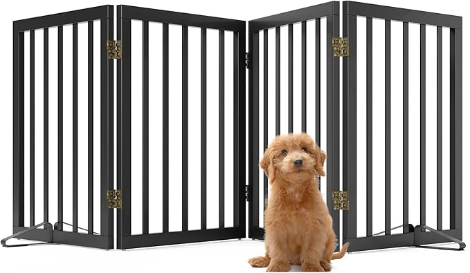 Black 37-74" Dog Gate Foldable Dog Gates for Doorways Stairs House Freestanding Pet Gate Puppy Barries 24 inches Tall-PawvioPets