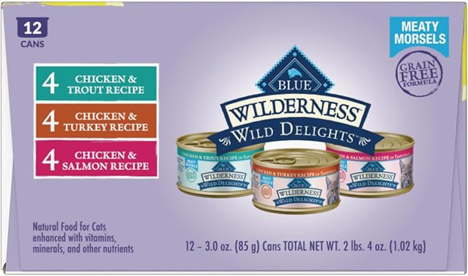 Blue Buffalo Wilderness Wild Delights High Protein Grain Free, Natural Adult Meaty Morsels Wet Cat Food, Ⲥhicken & Turkey, 𝙲hicken & Trout, 𝐂hicken & Salmon 3-oz cans (12 count - 4 of Each Flavor)-PawvioPets