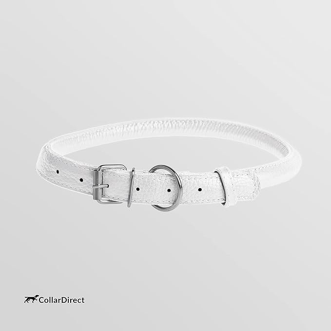 CollarDirect Rolled Leather Dog Collar, Soft Padded Round Puppy Collar, Handmade Genuine Leather Collar Dog Small Large Cat Collars 13 Colors (13-16 Inch, White Textured)-PawvioPets